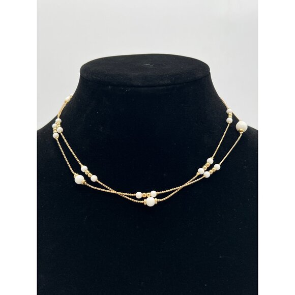 Elegant Long Gold & Faux Pearl Station Necklace With Designer Clasp - Picture 2 of 5